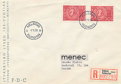 Jyväskylän lyseo 100 vuotta 1958, FDC, kirjattu, Kanadaan 