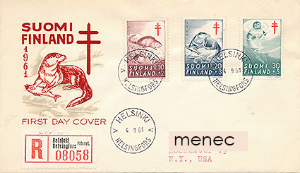 Tuberkuloosi 1961, FDC, kirjattu, USA:han 