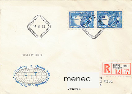Kansainvälinen pikatiedotusliitto 1965, FDC, kirjattu, Kanadaan 