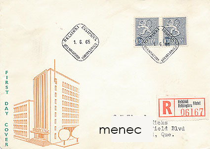 Yleismerkki 0,30 1965, FDC, kirjattu, Kanadaan 