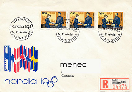Postimerkkinäyttely Nordia 1966, FDC, kirjattu, Kanadaan 