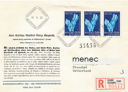 Kansakouluasetuksen 100-vuotisjuhla 1965, FDC, kirjattu, Hollantiin 