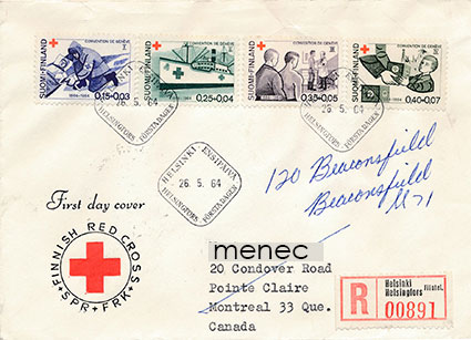 Punainen Risti 1964, FDC, kirjattu Kanadaan 