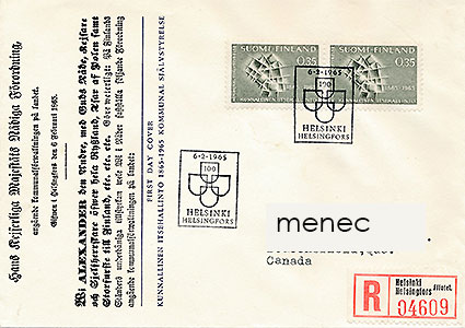 Kunnallinen itsehallinto 100 vuotta 1965, FDC, kirjattu Kanadaan 