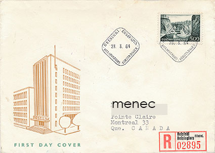 Yleismerkki 5,00 1964, FDC, kirjattu Kanadaan 