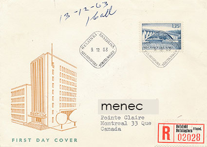 Yleismerkki 1,75 1963, FDC, kirjattu Kanadaan 