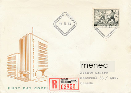 Yleismerkki 1,50 1963, FDC, kirjattu Kanadaan 
