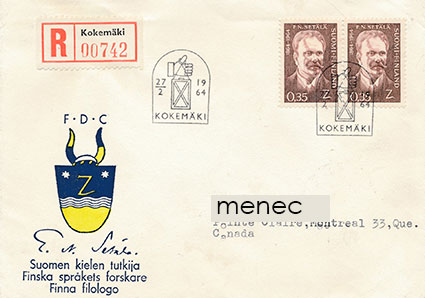 E. N. Setälä 1963, FDC, kirjattu Kanadaan 