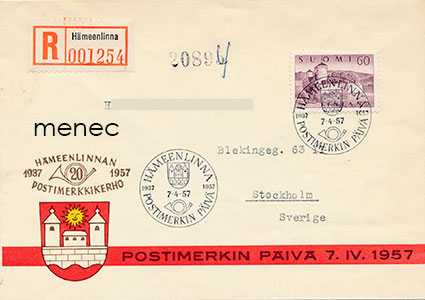 Yleismerkki 60 mk, Olavinlinna 1957, FDC, kirjattu Ruotsiin 