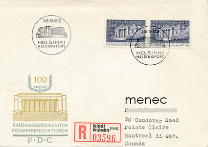 Kansanedustuslaitos 1963, FDC, kirjattu Kanadaan 