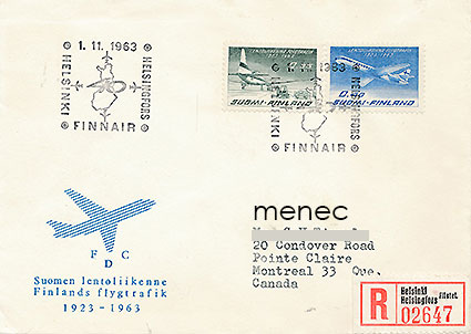 Lentoliikenne 1963, FDC, kirjattu 
