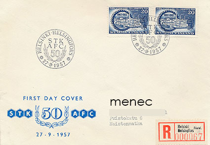 STK 50 vuotta 1957, FDC, kirjattu 