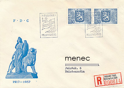 Itsenäisyyden 40-vuotisjuhla 1957, FDC, kirjattu 