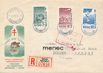 Tuberkuloosi 1951, FDC, kirjattu Turkkiin 