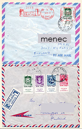 Israel, käyttösarjaa 1969, 2 Suomeen kulkenutta + 9 kpl 