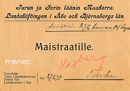 Virkakuori, Turun ja Porin läänin Maaherra, rahalähetys maistraatille 