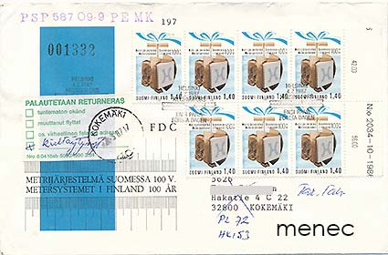 Metrijärjestelmä 1987, FDC 7 merkillä, numerokuusilo, palautettu 