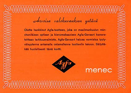 Agfa Iso-Rapid I F, omistajan opas ja takuutodistus 