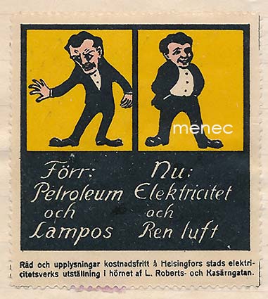 Mainosmerkki, Förr: Petroleum och Lampos. Nu: Elektricitet och ren luft 