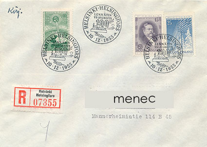 Lennätin 100 vuotta 1955, FDC, kirjattu 