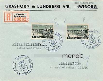 Tammisaari 400 vuotta 1946, FDC, kirjattu 
