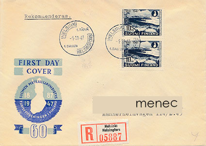 Matkailijayhdistys 60 vuotta 1947, FDC, kirjattu 