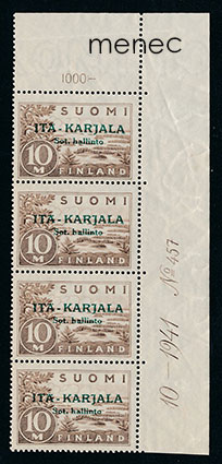 Itä-Karjalan sotilashallinto 1941, vihreä lisäpainama, 10 mk, numero-nelirivilö 