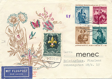 Itävalta, Pro Juventute -ehiö jamboreemerkillä 1951, kulkenut Suomeen 