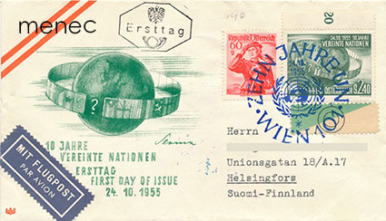 Itävalta, YK 10 vuotta 1955, FDC, kulkenut Suomeen 