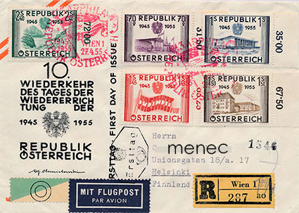 Itävalta, 10 vuotta riippumattomuuden palauttamisesta 1955, FDC, kulkenut Suomeen, kirjattu 