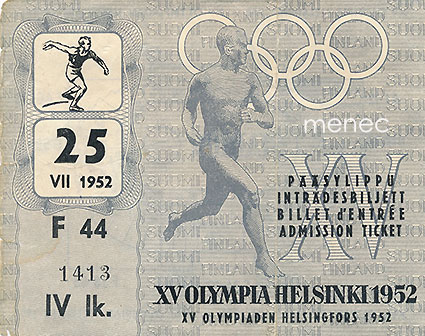 [Pääsylippu] XV Olympia Helsinki 1952. Stadion, kiekonheitto F44 (IV lk.). 25.7. 