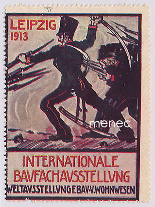 Mainosmerkki, kv. rakennus- ja asuntoalan näyttely Leipzigissa 1913, hyökkäävät joukot [sic] 