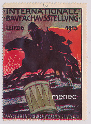Mainosmerkki, kv. rakennus- ja asuntoalan näyttely Leipzigissa 1913, ratsuväkeä, rumpu [sic] 