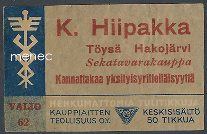 Kauppiasetiketti, K. Hiipakka, Töysä, Hakojärvi 