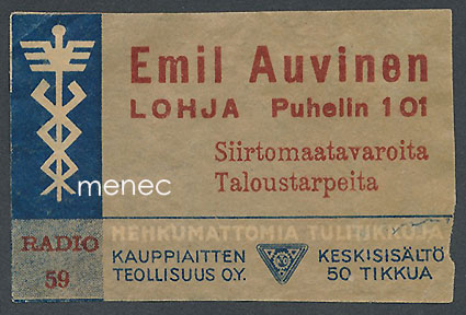 Kauppiasetiketti, Emil Auvinen, Lohja 