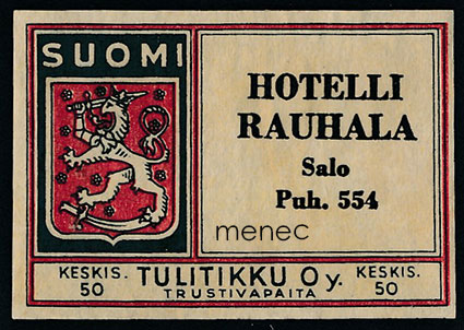 Tulitikkuetiketti, Hotelli Rauhala, Salo 