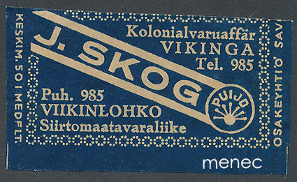 Kauppiasetiketti, J. Skog, Viikinlohko (Vikinga), Palosaari, Vaasa 