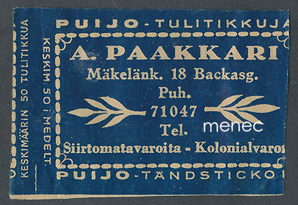 Kauppiasetiketti, A. Paakkari, Mäkelänkatu 18, Helsinki 