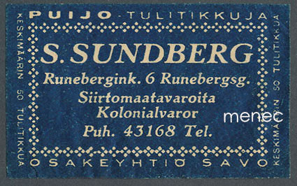 Kauppiasetiketti, S. Sundberg, Helsinki, Runeberginkatu 6 