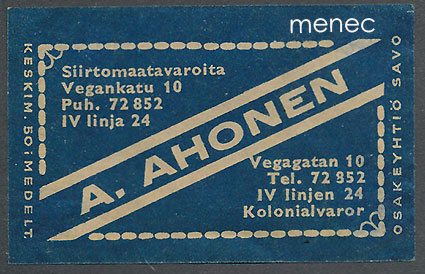 Kauppiasetiketti, A. Ahonen, Helsinki 