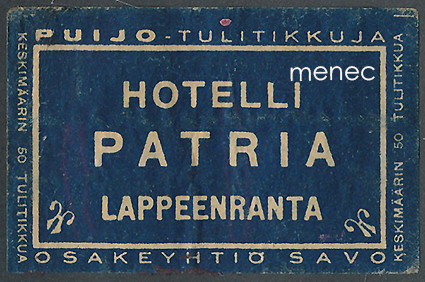 Tulitikkuetiketti, Hotelli Patria, Lappeenranta 