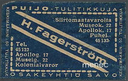 Kauppiasetiketti, H. Fagerström, Helsinki 