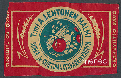 Kauppiasetiketti, T:mi A. Lehtonen, Malmi, Helsinki 