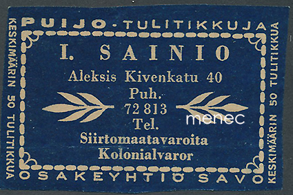 Kauppiasetiketti, I. Sainio, Helsinki 