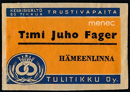 Kauppiasetiketti, T:mi Juho Fager, Hämeenlinna 