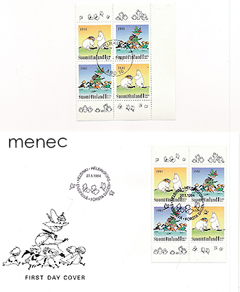 Ystävyydellä - Muumeja 1994, nelilö + FDC 