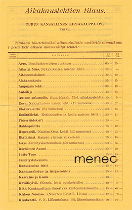 Aikakauslehtien tilauslomake vuodeksi 1937 