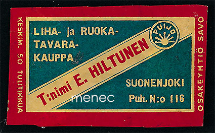 Kauppiasetiketti, T:nimi E. Hiltunen, Suonenjoki 