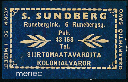 Kauppiasetiketti, S. Sundberg, Helsinki 