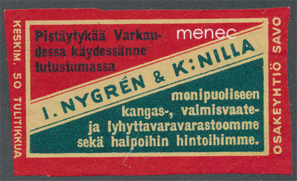 Kauppiasetiketti, I. Nygén & K:ni, Varkaus 